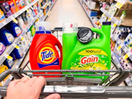 cart with gain and tide detergents in cvs