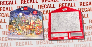 The recalled Lidl Favorina chocolate advent calendar on a background of text that says "recall"