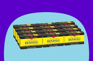 Café Bustelo Supreme by Bustelo Espresso Style Dark Roast Ground Coffee Brick on a blue background.
