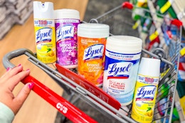 5 lysol cleaning products in a cart