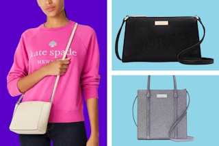 Kate Spade crossbody bags on a purple and blue collage background. 