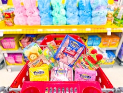 peeps sitting in a parked target cart in front of peeps display