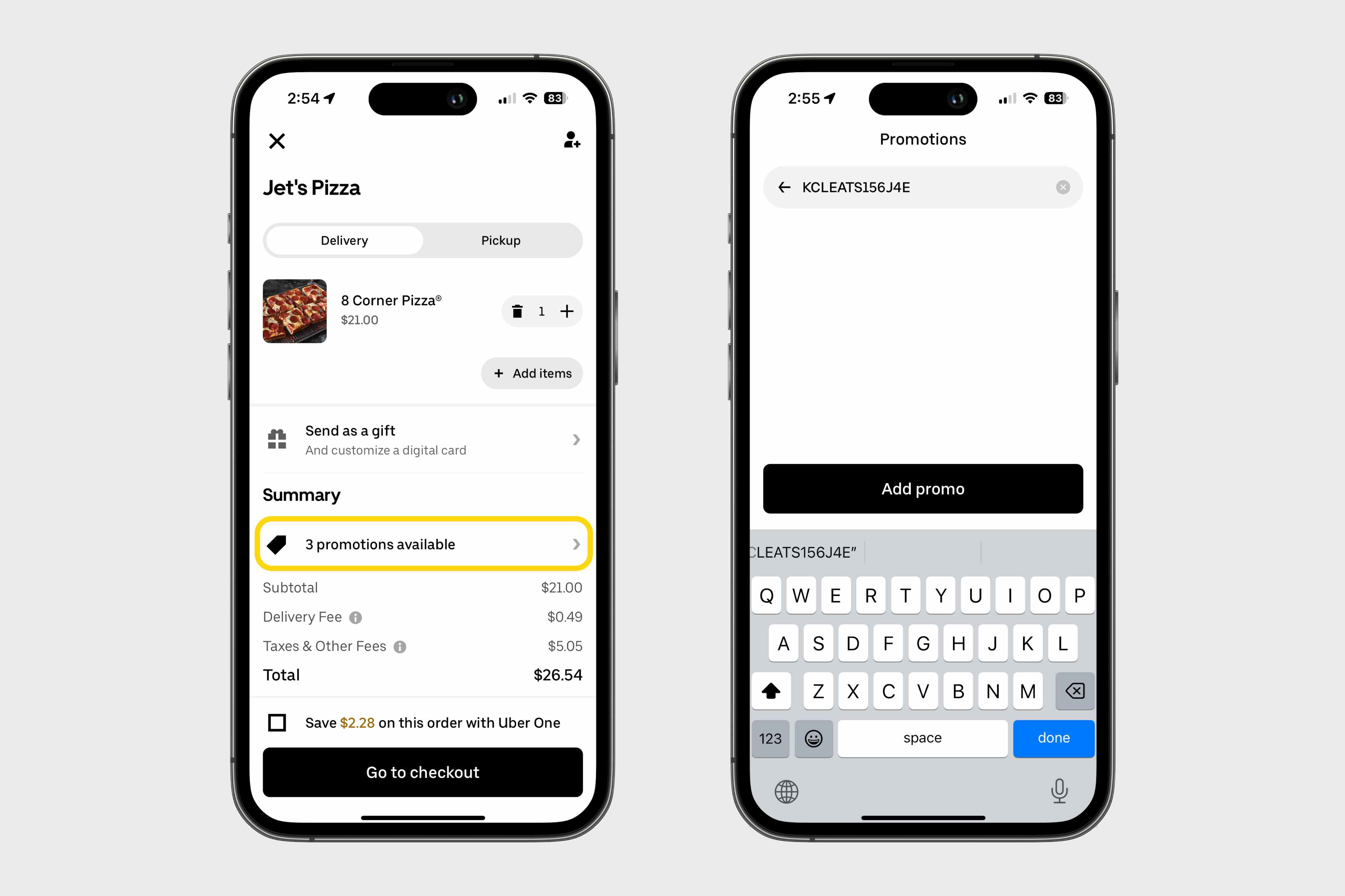 two phones showing how to add promo code into Uber Eats app checkout
