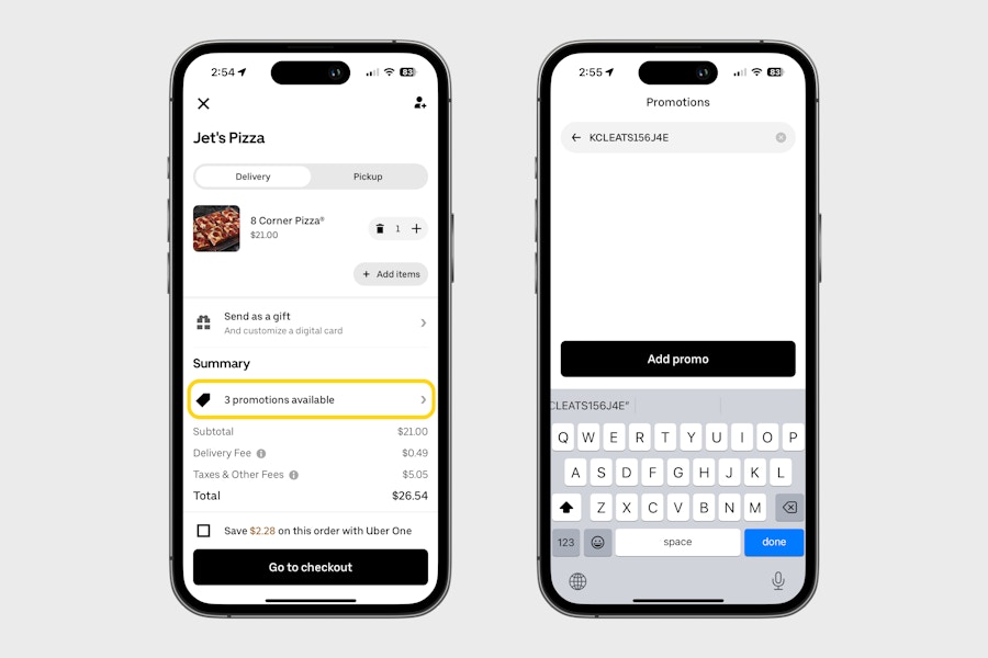 two phones showing how to add promo code into Uber Eats app checkout