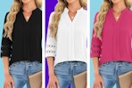 Funlingo 3/4 Length Sleeve Womens Tops V Neck Dressy Casual B0FXWDC3DJ B0FXWDKLZR