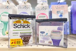 schick hydro and intuition razor refills on a shelf