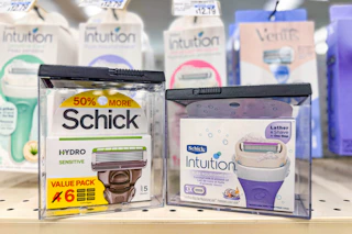schick hydro and intuition razor refills on a shelf