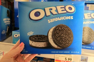 hand holding oreo ice cream sandwiches at kroger