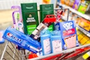 crest toothpaste, oral b toothbrush, covergirl eyeliner, secret deodorant, pop tarts, and irish spring body wash in a cart
