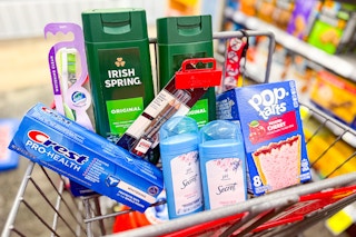 crest toothpaste, oral b toothbrush, covergirl eyeliner, secret deodorant, pop tarts, and irish spring body wash in a cart
