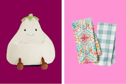 white eggplant chair and The Pioneer Woman hand towels