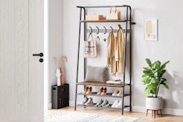 a hall tree coat and shoe rack