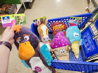 Hand holding a clearance dog toy at Petsmart in front of a car with three dog toys