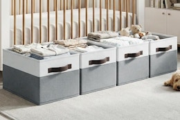 closet storage baskets in a baby room