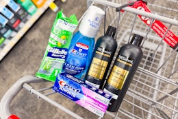 gillette razor, crest mouthwash and toothpaste, and tresemme shampoo in a cart