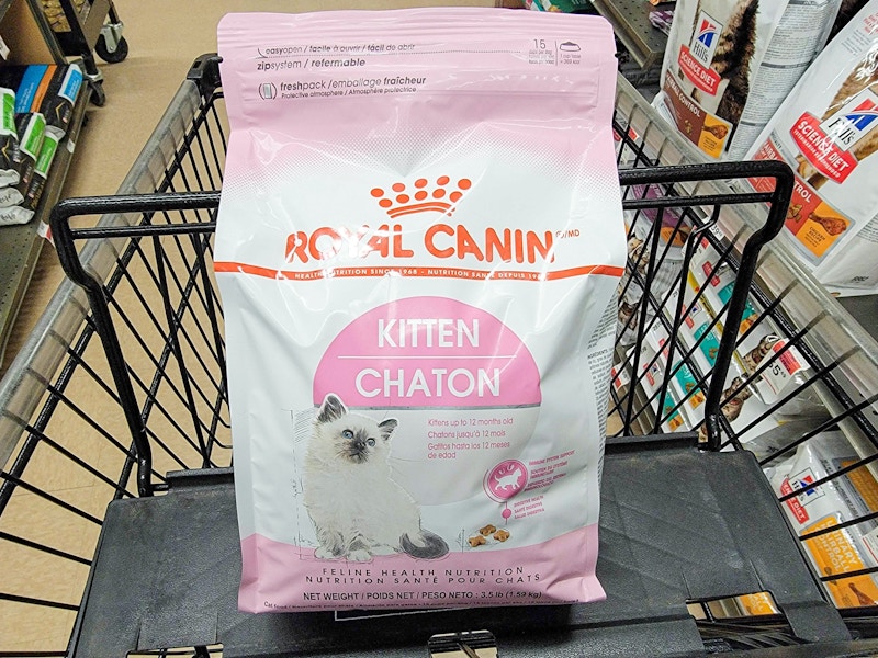 bag of kitten food in a cart