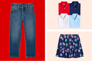 Kids' jeans, polo shirts and a skirt