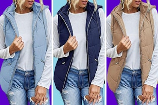 Three women wear three hooded vests: light blue, navy blue, tan