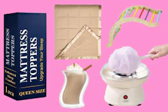 Mattress topper, cup, blanket, cotton candy maker and toy