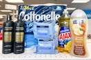 tresemme shampoo, cottonelle toilet paper, neutrogena wipes, ajax dish soap, and softsoap body wash on a shelf