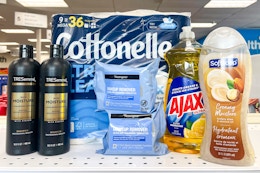 tresemme shampoo, cottonelle toilet paper, neutrogena wipes, ajax dish soap, and softsoap body wash on a shelf