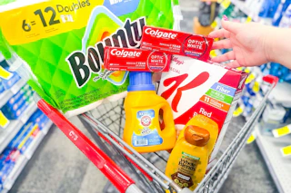 bounty paper towels, colgate toothpaste, special k cereal, arm & hammer detergent, and garnier shampoo in a cart