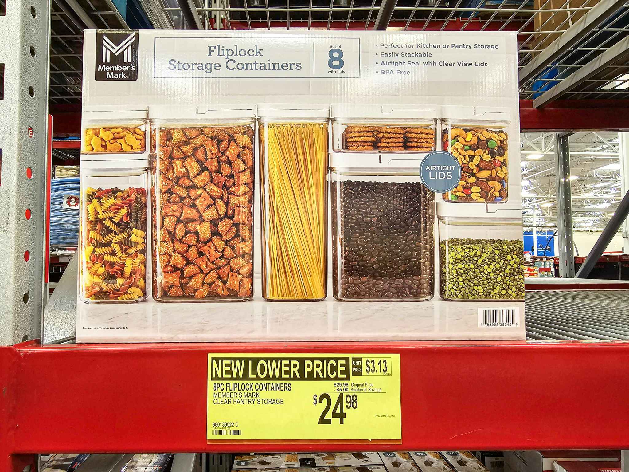 fliplock food storage set on a shelf with a $24.98 price sign