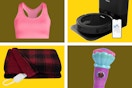 pink Avia women's bra, iHome robot vacuum, Sunbeam red plaid heated blanket, Ariel microphone toy