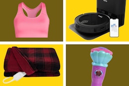 pink Avia women's bra, iHome robot vacuum, Sunbeam red plaid heated blanket, Ariel microphone toy