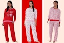 Three stock photos of Way to Celebrate Women's Pajama Sets in Valentiine's Day prints