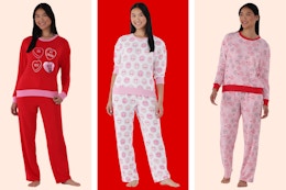 Three stock photos of Way to Celebrate Women's Pajama Sets in Valentiine's Day prints