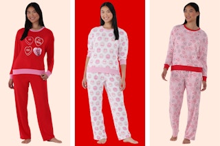 Three stock photos of Way to Celebrate Women's Pajama Sets in Valentiine's Day prints