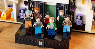 The BTS Dynamite LEGO set with the band members as LEGO people on a stage