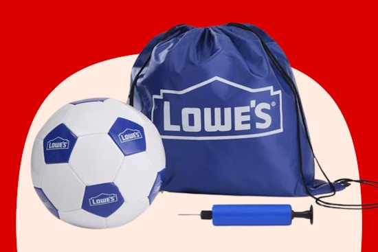 mylowes rewards member freebie for august 2025, a kids soccer ball, pump, and drawstring bag