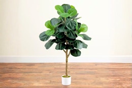 Lifestyle image of the 4-foot Sylewell Faux Fiddle Leaf Fig Tree in home setting with wooden floors