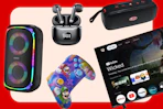 bluetooth speaker, wireless ear buds, Nintendo remote, wireless speaker, and TV