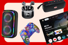 bluetooth speaker, wireless ear buds, Nintendo remote, wireless speaker, and TV