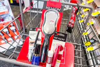 revlon cosmetics and beauty tools in a cart