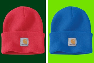 Red and blue Carhartt beanies on a dark green and light green collage background.