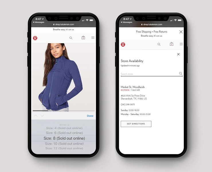 two phones side-by-side showing a sold out size available at another store