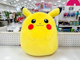 A Pikachu Pokemon Squishmallow on a shelf at Target