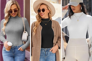 Three women wearing mock-neck tops: gray, black, and white