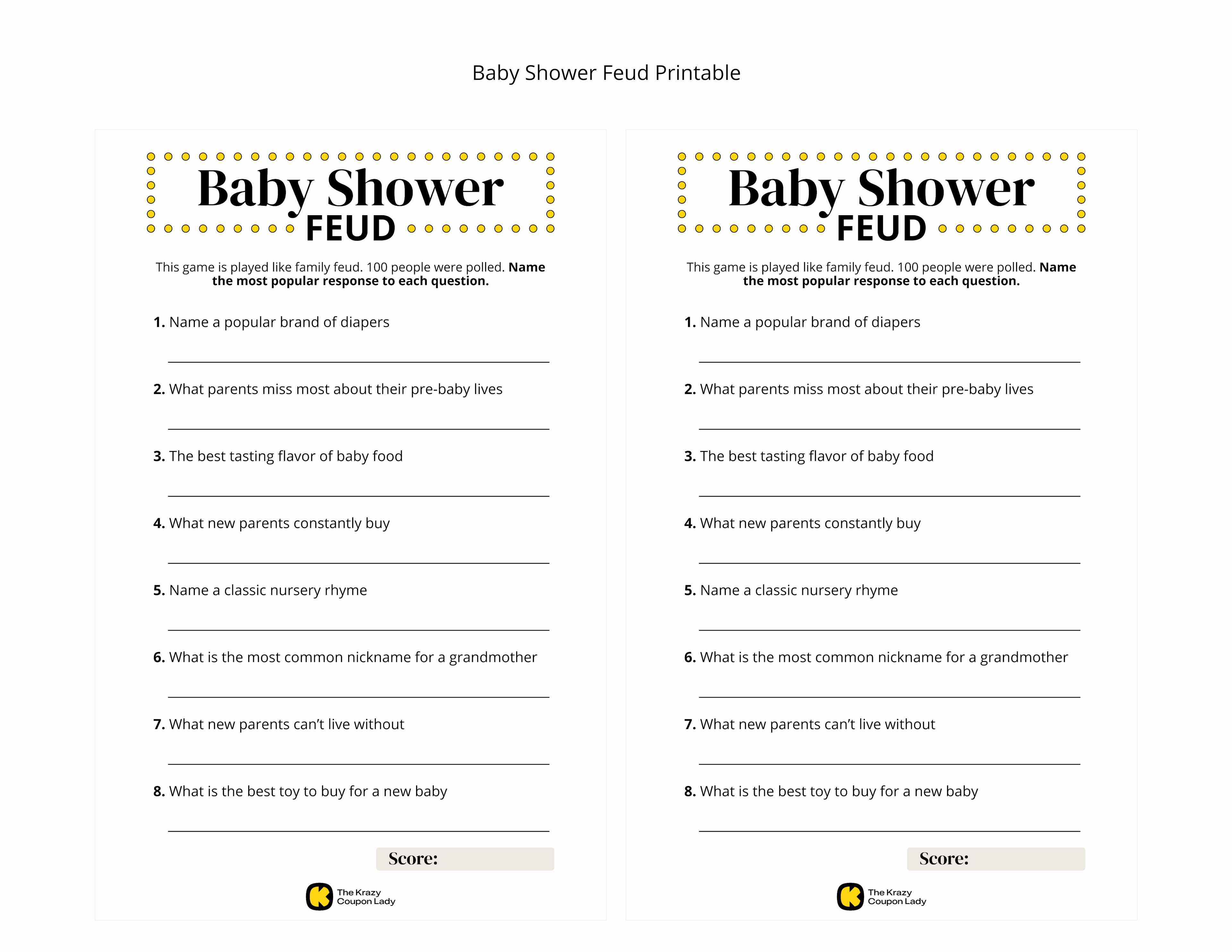 Baby Shower Feud printable game