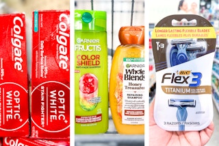 collage with colgate, garnier, and big products