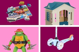 melissa and doug puzzle, tmnt figure, bluey scooter, little tikes playhouse