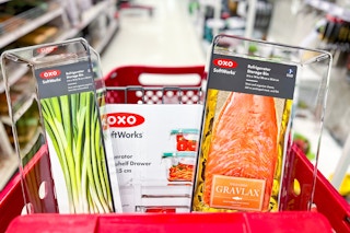 Various sizes of OXO Storage Bins in Target shopping cart