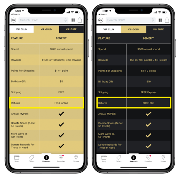 DSW Benefits vip club rewards on DSW app