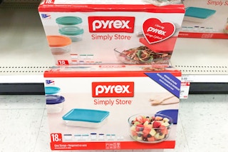 two stacked boxes of Pyrex on store floor