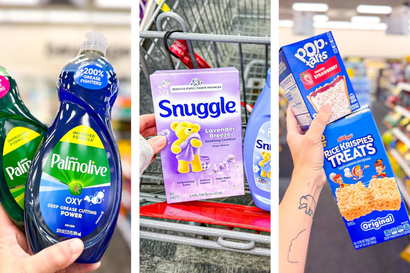 collage image of palmolive dish soap, snuggle dryer sheets, pop tarts, and rice krispies treats snacks