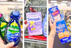 collage image of palmolive dish soap, snuggle dryer sheets, pop tarts, and rice krispies treats snacks